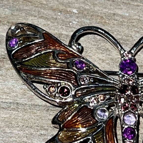 Vintage Monet Metalwork With Purple Lavender Pink Rhinestones Enameled Wings - Picture 2 of 9
